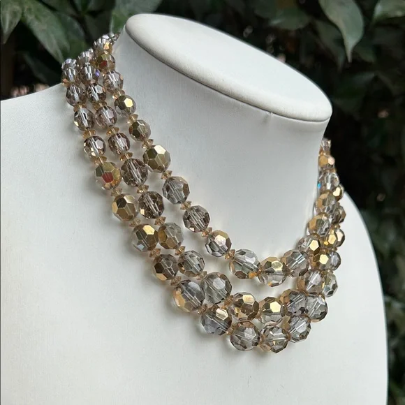 Mid-20th Century Smoky Gold Beaded Faceted Glass Three Strands Choker Necklace - Picture 3 of 5